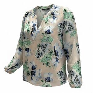 White House Black Market Floral Chiffon Blouse - Green /Blue Floral Gorgeous EUC